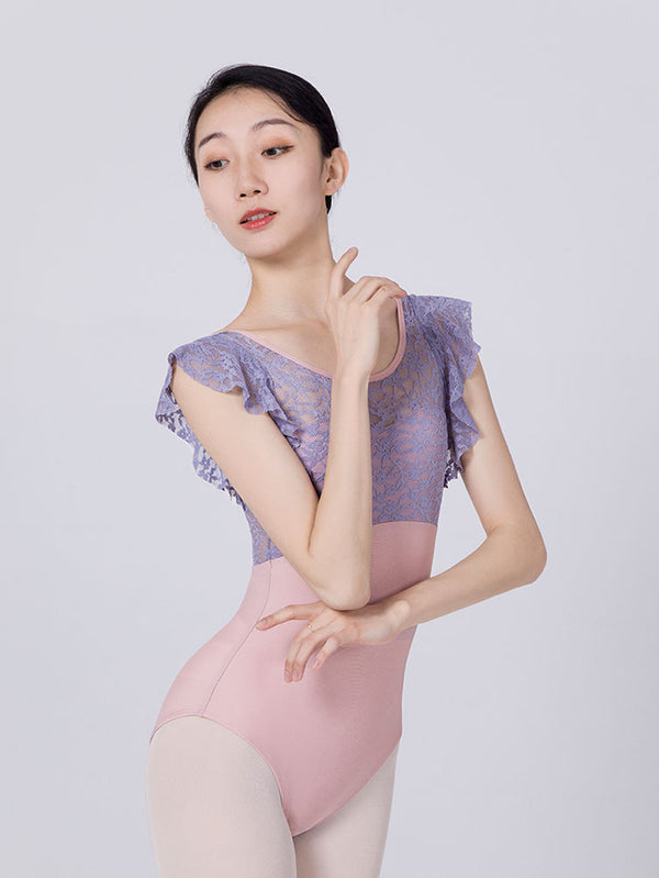 Round Neck Lace Splicing Ballet Leotard High Crotch Exercise Clothing - Dorabear