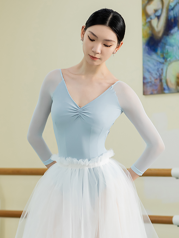 Round Neck Mesh Medium Sleeved Ballet Leotard Dance Practice Clothes - Dorabear - The Dancewear Store Online 