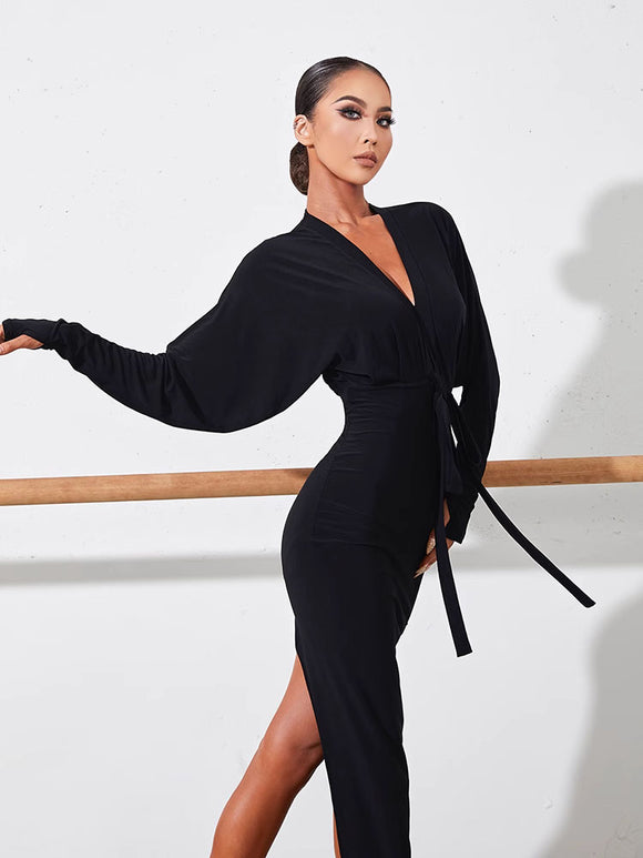 Slit Long Batman Sleeve Design Dress Latin Dance Practice Clothes - Dorabear