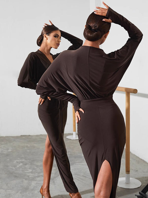 Slit Long Batman Sleeve Design Dress Latin Dance Practice Clothes - Dorabear