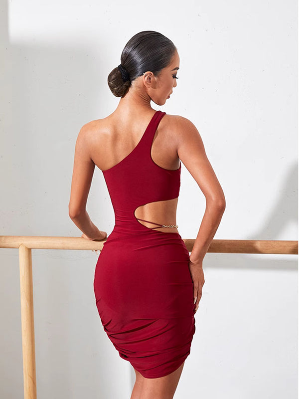 Sloping Shoulder Drawstring Dress Latin Dance Training Clothes - Dorabear