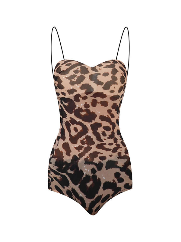 Strap Mesh Leopard Print One-piece Leotard Latin Dance Practice Clothing - Dorabear