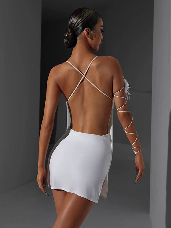 Swing Collar Dress Open Back Slit Latin Dance Training Clothes - Dorabear