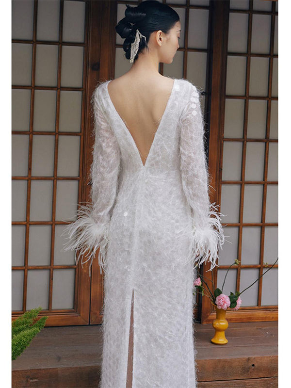 White Long Gown Unique Luxury High-end Evening DressLong Sleeved Prom Dress - Dorabear - The Dancewear Store Online 