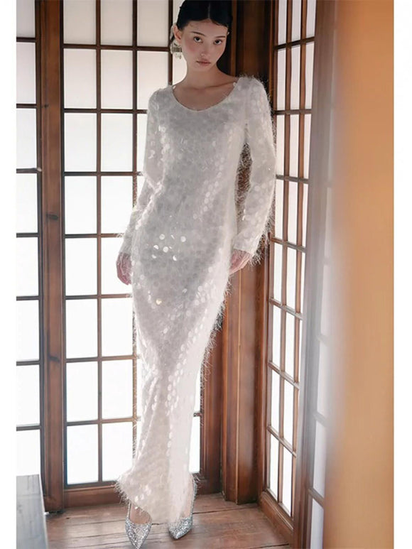 Women's White Long Sleeve  Prom Dress Simple Design Formal Dress Party Evening Gown - Dorabear - The Dancewear Store Online 