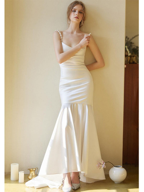 Women's White Satin Prom Dress Evening Dinner Heavy Industry Formal Dress - Dorabear - The Dancewear Store Online 