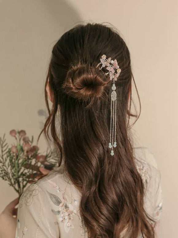Ancient Style Butterfly Hairpin Oriental Element Tassel Walking Cheongsam Hair Headdress - Dorabear