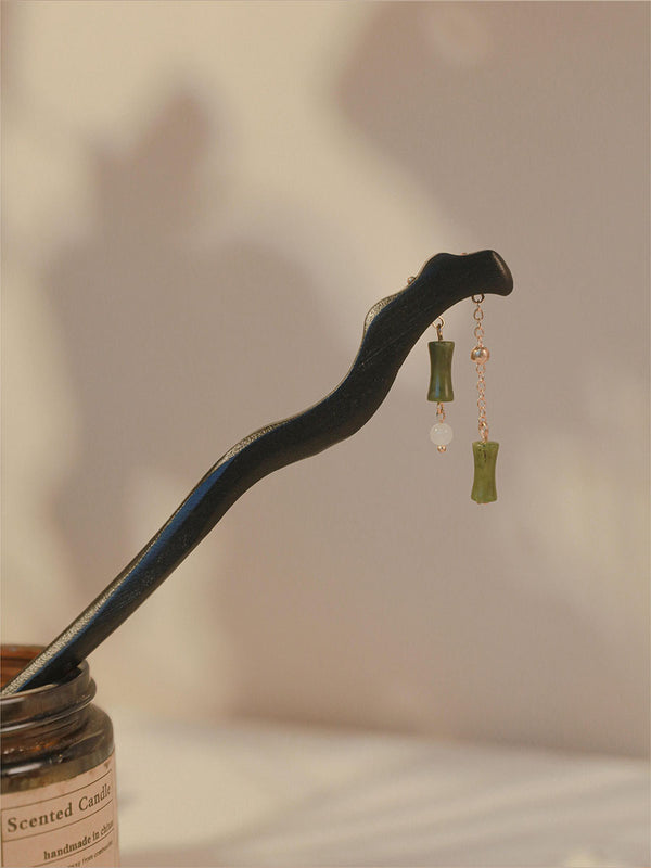 Antique Bamboo Section Tassel Wooden Hairpin Imitation Jade Pendant Hairpin Coiled Hair Headdress - Dorabear