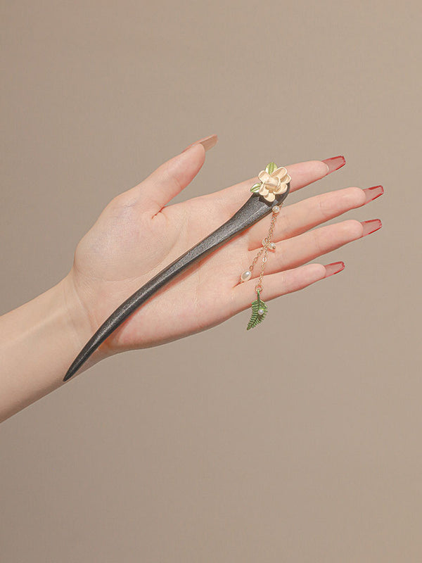 Antique Gardenia Jasmine Tassel Hairpin Wooden Simple Modern Hair Accessories - Dorabear