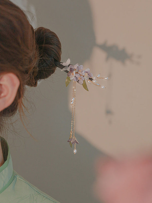 Antique Style Cheongsam Headdress Wisteria Flower Sea Hairpin Wooden Hair Accessory - Dorabear