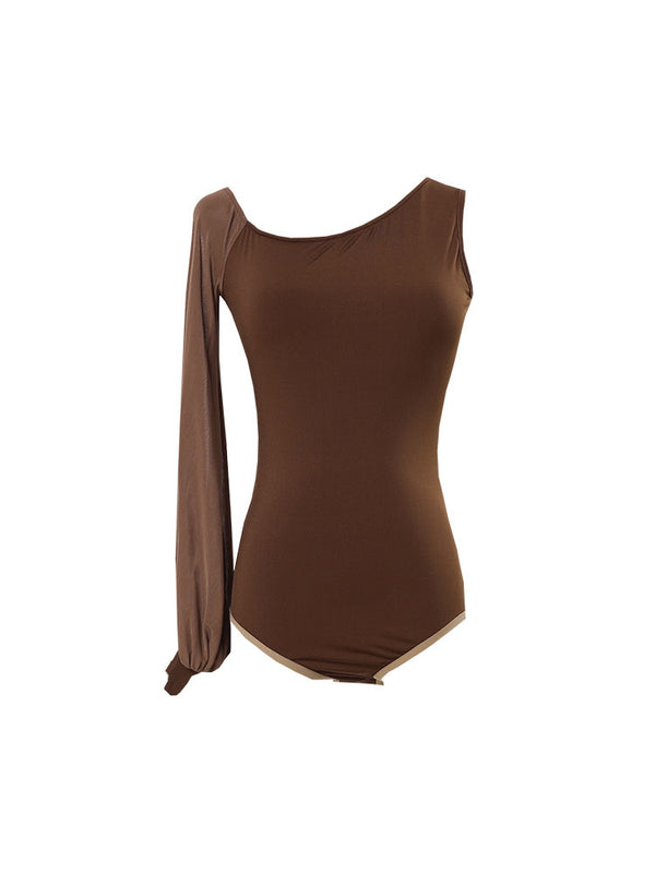 Autumn Asymmetrical Puff Sleeve Latin Dance Leotard - Dorabear