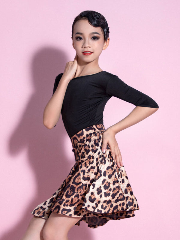 Autumn Leopard Print Latin Dance Practice Clothes Suit - Dorabear