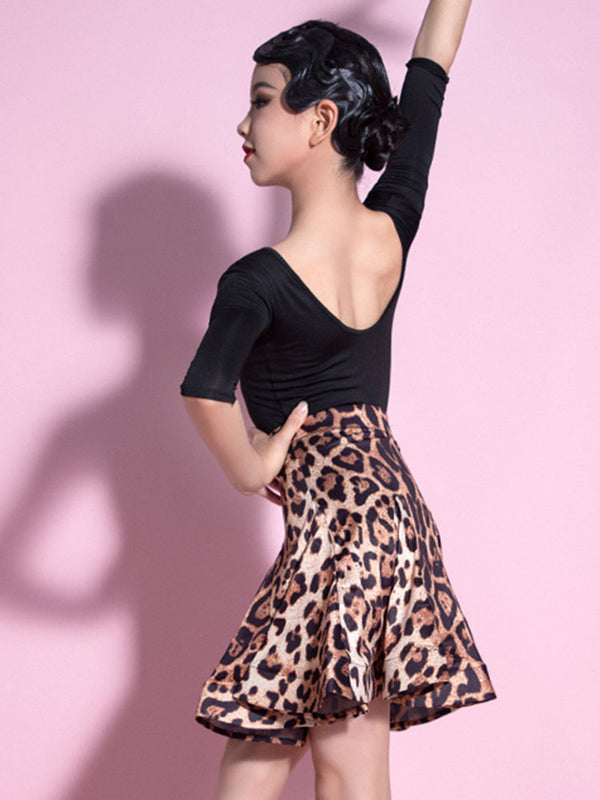 Autumn Leopard Print Latin Dance Practice Clothes Suit - Dorabear