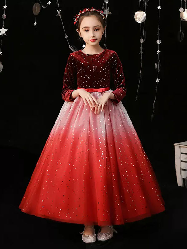 Autumn/Winter Evening Gown Flower Girls Wedding Dress Long Sleeve Performance Costume - Dorabear