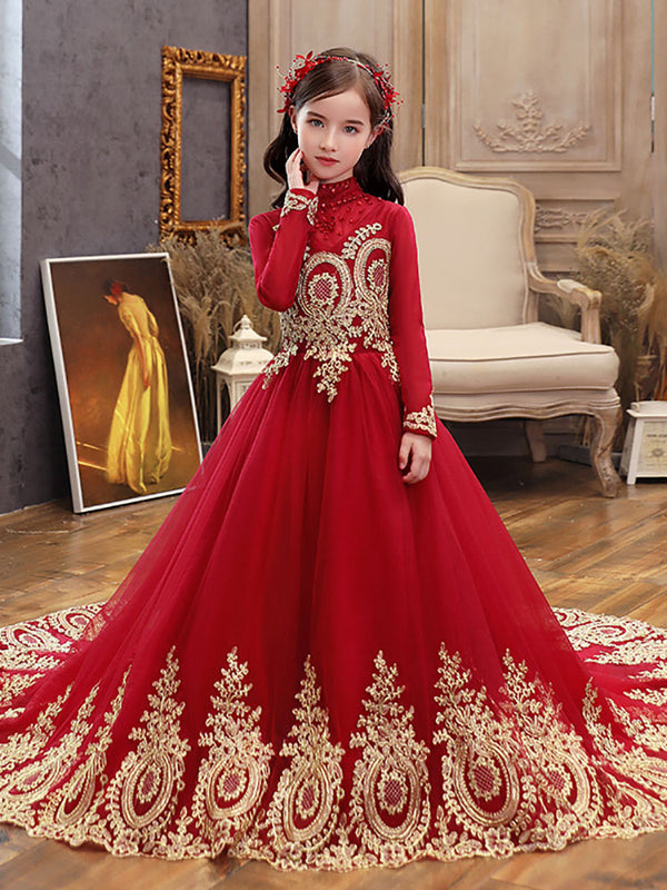 Autumn/Winter Girls Princess Dress Trailing Performance Costume Long Sleeve Wedding Gown - Dorabear