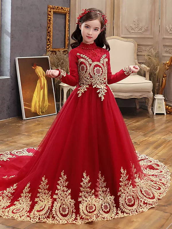 Autumn/Winter Girls Princess Dress Trailing Performance Costume Long Sleeve Wedding Gown - Dorabear