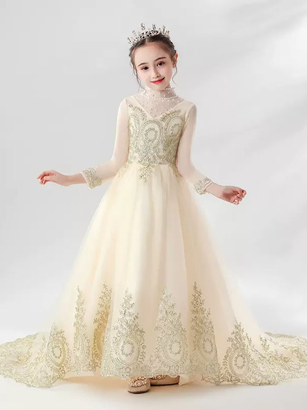 Autumn/Winter Girls Princess Dress Trailing Performance Costume Long Sleeve Wedding Gown - Dorabear