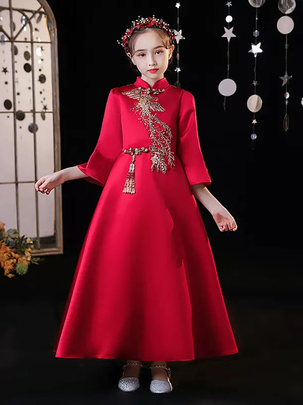 Autumn/Winter National Style Long Sleeve Evening Gown Girls' Cheongsam Oriental Performance Costume - Dorabear