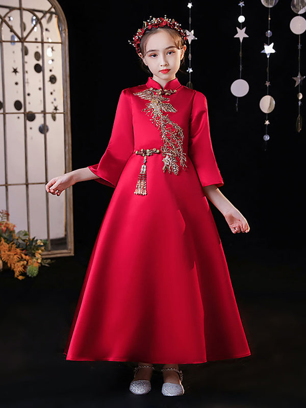 Autumn/Winter National Style Long Sleeve Evening Gown Girls' Cheongsam Oriental Performance Costume - Dorabear