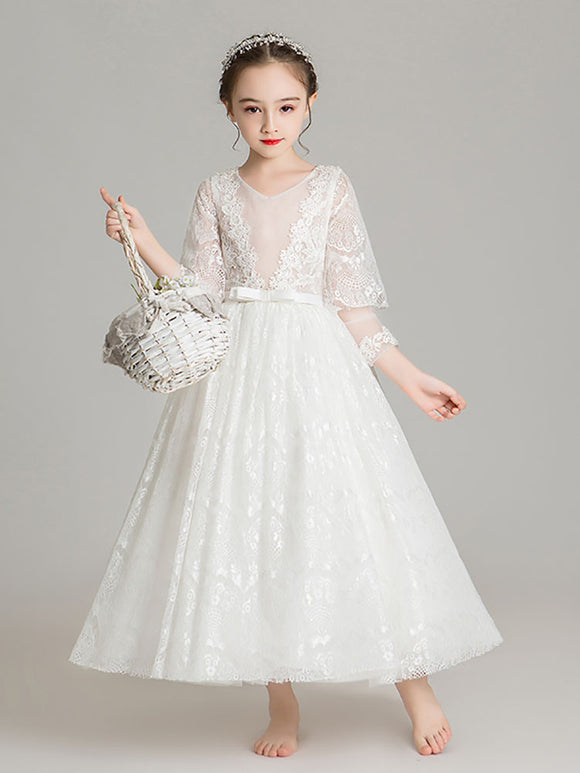 Autumn/Winter Piano Performance Costume Flower Girl Wedding Dress Puffy Evening Gown - Dorabear