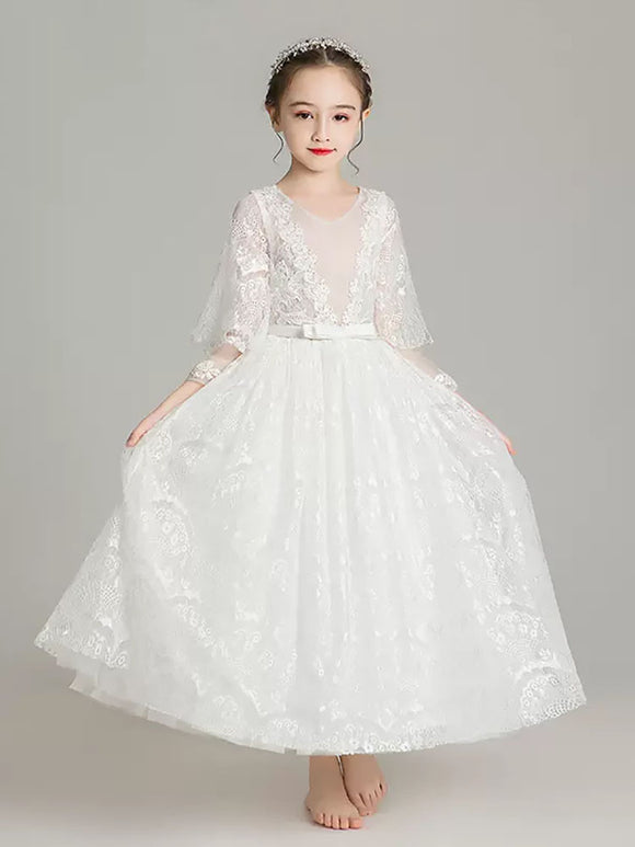 Autumn/Winter Piano Performance Costume Flower Girl Wedding Dress Puffy Evening Gown - Dorabear