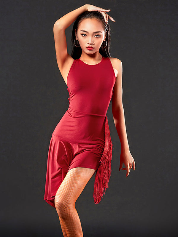 Back Cross Hollow Fringe Latin Dance Sleeveless Dress Exercise Clothes - Dorabear