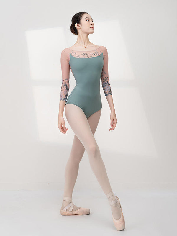 Ballet Dance Training Jumpsuit Mid-sleeve Print Leotard - Dorabear