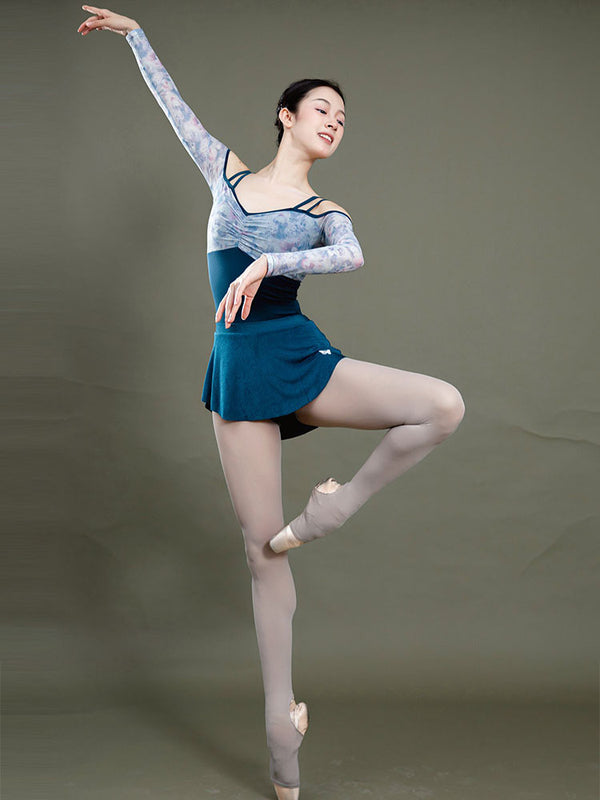 Ballet Mesh Long-sleeved Print Stitching Leotard Dance Practice Clothes - Dorabear