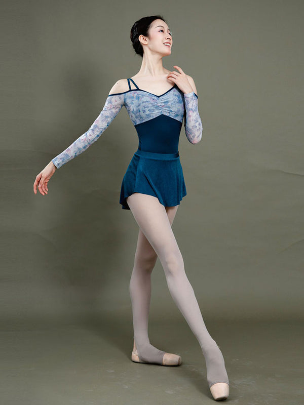 Ballet Mesh Long-sleeved Print Stitching Leotard Dance Practice Clothes - Dorabear