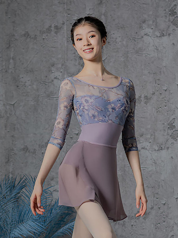 Ballet Print Leotard Medium Sleeve Round Neck Practice Clothes - Dorabear