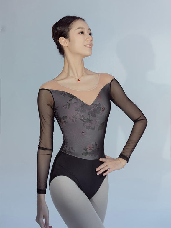 Ballet Training Clothes Long-sleeved Burnt Flower Flocking Mesh Leotard - Dorabear