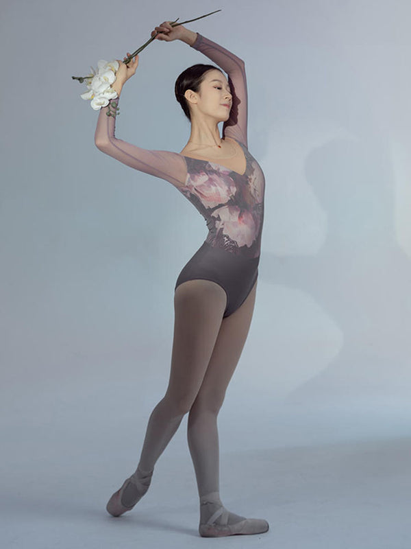 Ballet Training Clothes Long-sleeved Burnt Flower Flocking Mesh Leotard - Dorabear