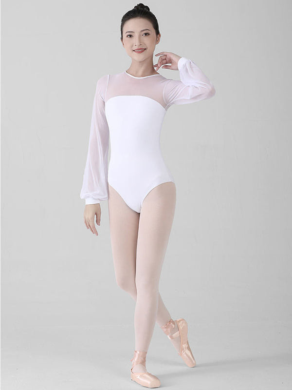 Ballet Training Clothes White Long-sleeved Gauze Dance Leotard - Dorabear