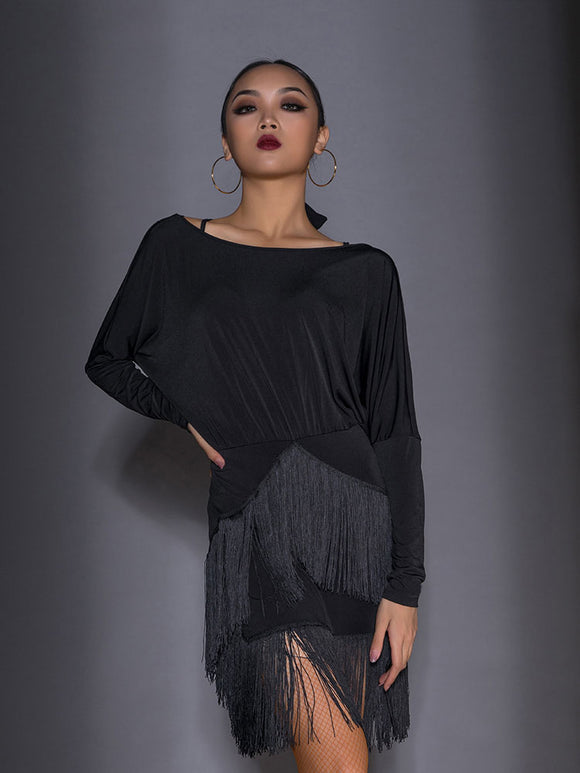 Batwing Sleeve Backless Dress Latin Dance Dress Exercise Clothes - Dorabear