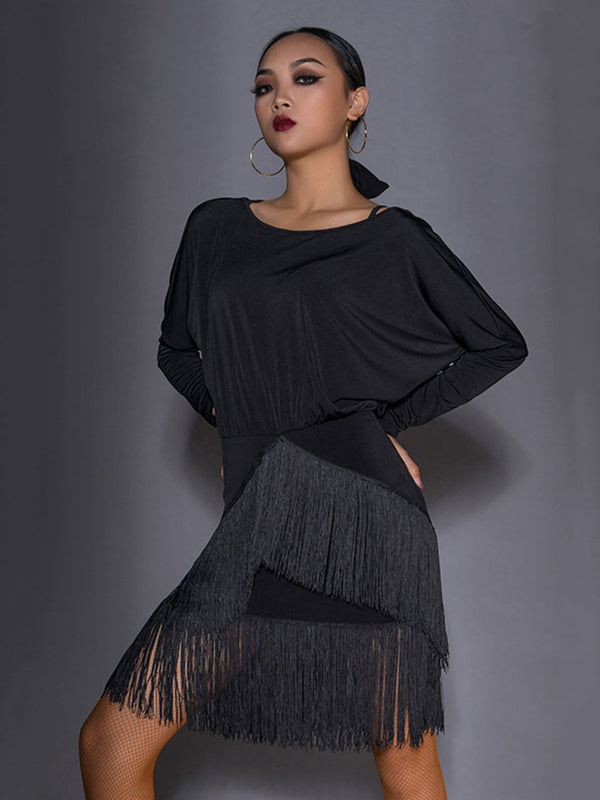 Batwing Sleeve Backless Dress Latin Dance Dress Exercise Clothes - Dorabear