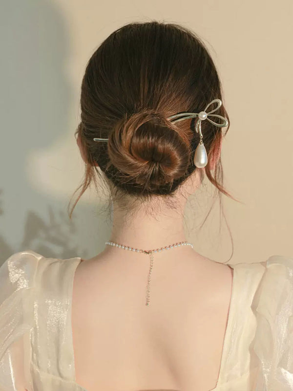 Bowknot Pearl Hairpin Coiled Hair Headdress Ancient Style Bun Hair Accessories - Dorabear