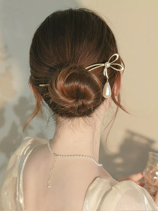 Bowknot Pearl Hairpin Coiled Hair Headdress Ancient Style Bun Hair Accessories - Dorabear