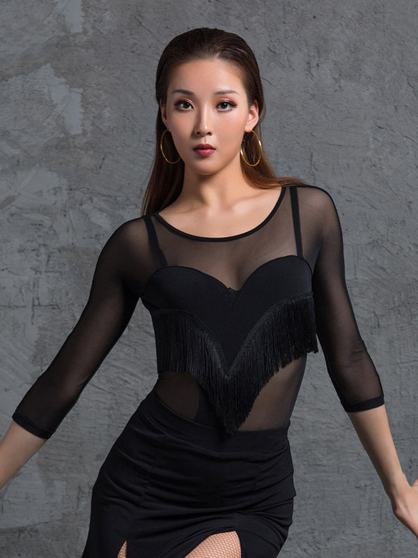 Bumper Stitching Tassel Leotard Mesh Long Sleeve Latin Dance Practice Clothes - Dorabear