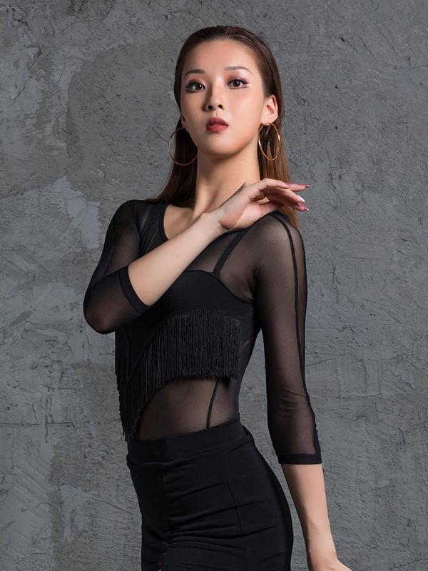 Bumper Stitching Tassel Leotard Mesh Long Sleeve Latin Dance Practice Clothes - Dorabear