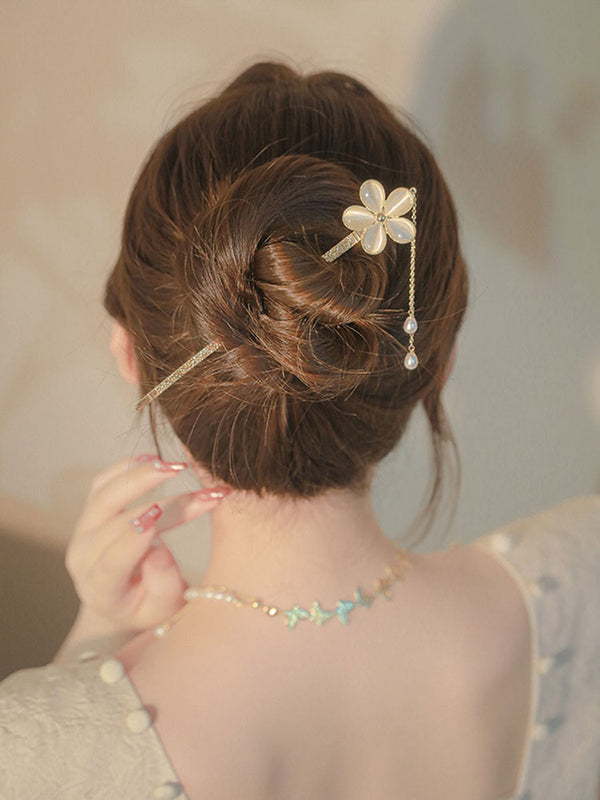 Cat's Eye Stone Flower Hairpin Ancient Style Pearl Tassel Headdress Coiled Hair Accessory - Dorabear