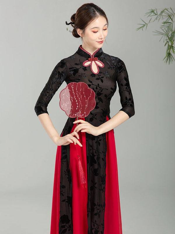 Classical Dance Cheongsam Chinese Style Burnt Velvet Dance Clothes Performance Training Top - Dorabear