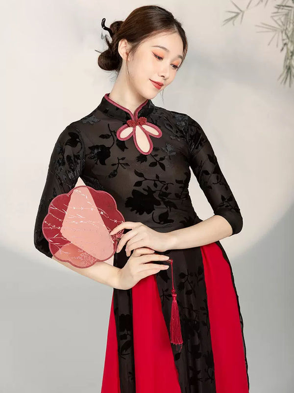 Classical Dance Cheongsam Chinese Style Burnt Velvet Dance Clothes Performance Training Top - Dorabear