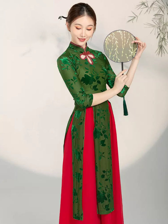 Classical Dance Cheongsam Chinese Style Burnt Velvet Dance Clothes Performance Training Top - Dorabear