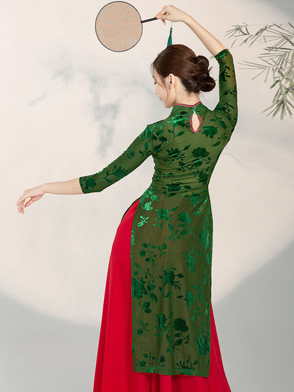 Classical Dance Cheongsam Chinese Style Burnt Velvet Dance Clothes Performance Training Top - Dorabear