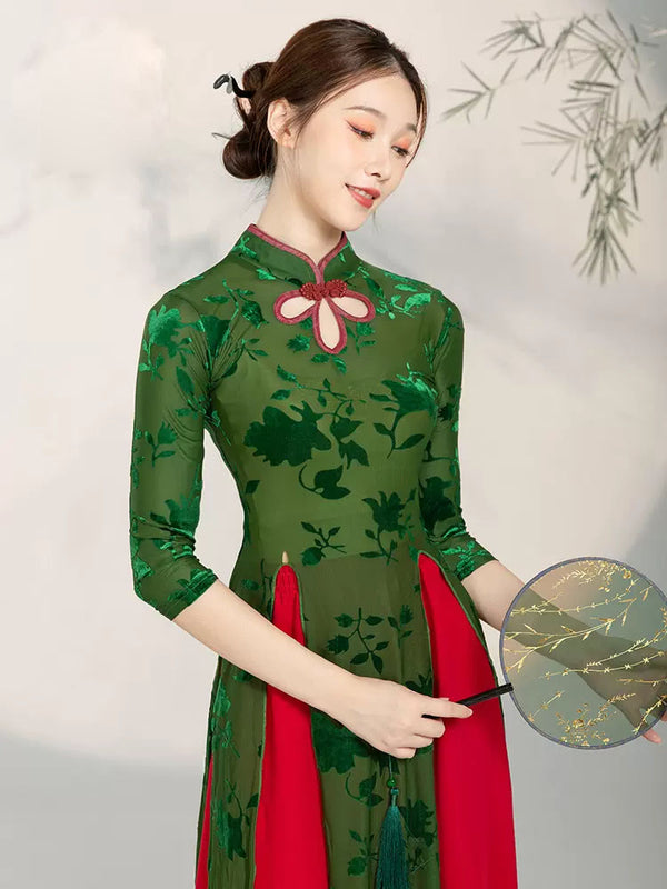 Classical Dance Cheongsam Chinese Style Burnt Velvet Dance Clothes Performance Training Top - Dorabear