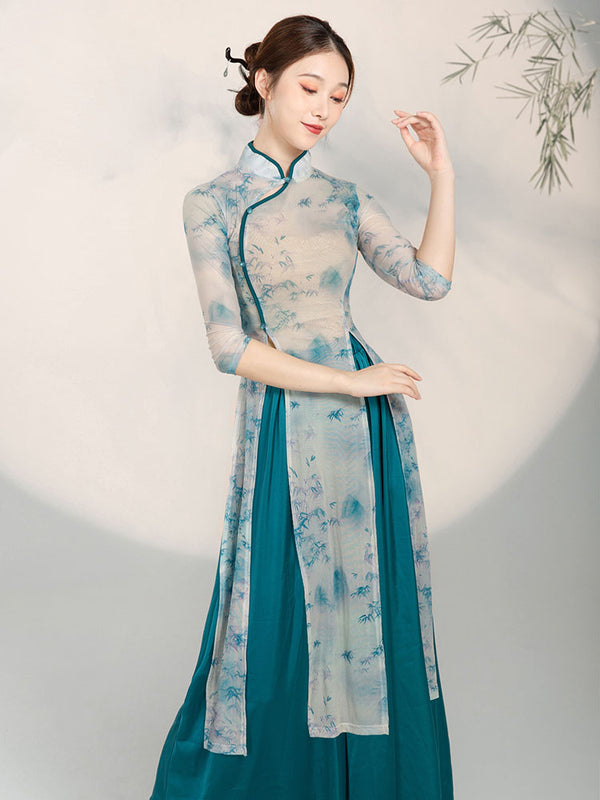 Classical Dance Cheongsam Chinese Style Dance Skirt Loose Wide Leg Pants Dance Suits - Dorabear