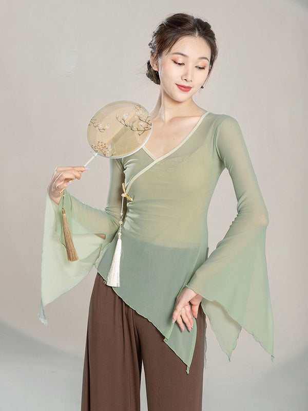 Classical Dance Clothes Long Sleeved Gauze Blouse Training Clothes Oriental Dance Top - Dorabear