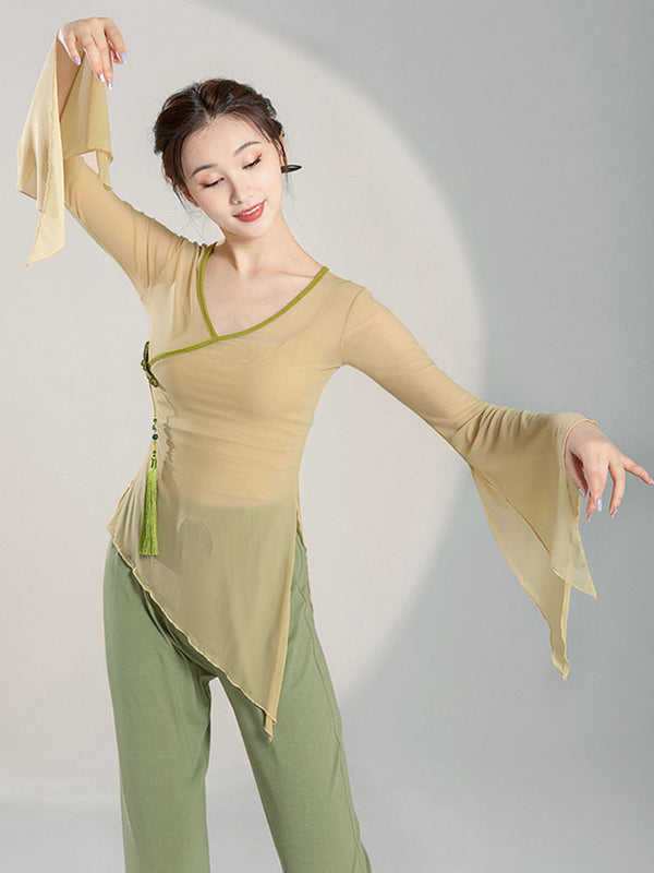 Classical Dance Clothes Long Sleeved Gauze Blouse Training Clothes Oriental Dance Top - Dorabear