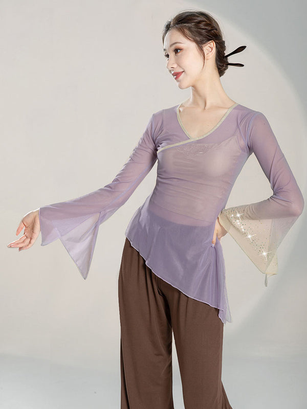 Classical Dance Clothes Long Sleeved Hot Drill Gauze Top Oriental Dance Training Clothes - Dorabear