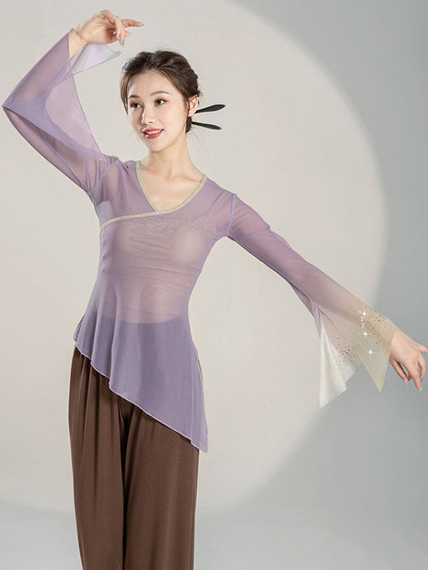 Classical Dance Clothes Long Sleeved Hot Drill Gauze Top Oriental Dance Training Clothes - Dorabear